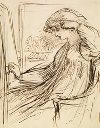 Frau sitzt an einem Stickrahmen oder Staffelei